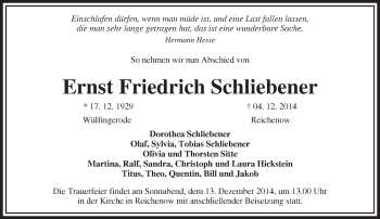 Traueranzeige von Ernst Friedrich  Schliebener von Märkische Oderzeitung