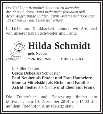 Traueranzeige von Hilda Schmidt von Märkische Oderzeitung