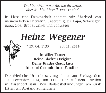 Traueranzeige von Heinz Wegener von Märkische Oderzeitung