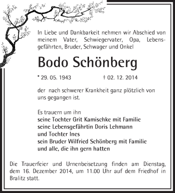 Traueranzeige von Bodo Schönberg von Märkische Oderzeitung