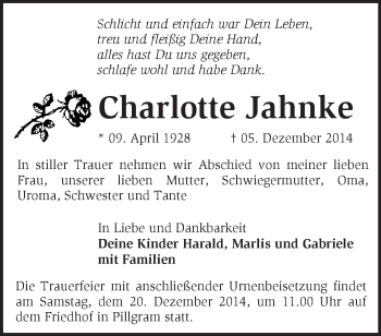 Traueranzeige von Charlotte Jahnke von Märkische Oderzeitung