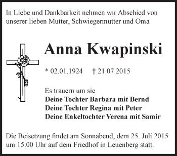 Traueranzeige von Anna Kwapinski von Märkische Oderzeitung