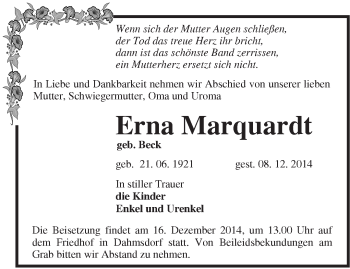 Traueranzeige von Erna Marquardt von Märkische Oderzeitung