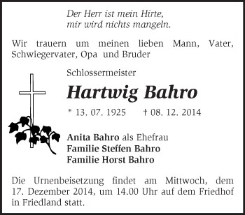 Traueranzeige von Hartwig Bahro von Märkische Oderzeitung