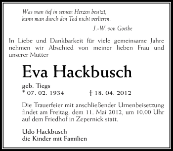 Traueranzeige von Eva Hackbusch von Märkische Oderzeitung