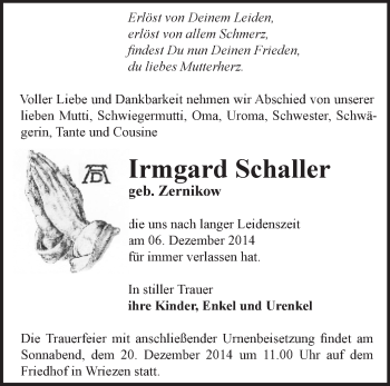 Traueranzeige von Irmgard Schaller von Märkische Oderzeitung