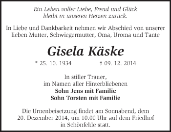 Traueranzeige von Gisela Käske von Märkische Oderzeitung