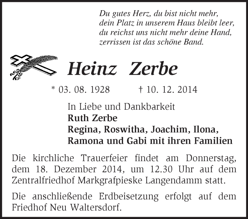  Traueranzeige für Heinz Zerbe vom 13.12.2014 aus Märkische Oderzeitung