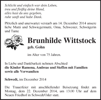 Traueranzeige von Brunhilde Wittstock von Märkische Oderzeitung