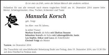 Traueranzeige von Manuela Korsch von Märkische Oderzeitung