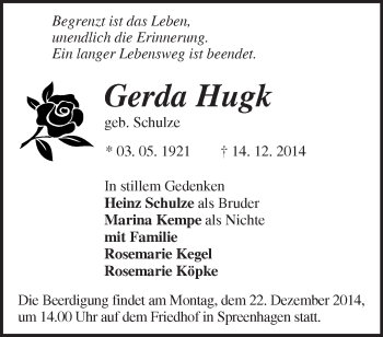 Traueranzeige von Gerda Hugk von Märkische Oderzeitung