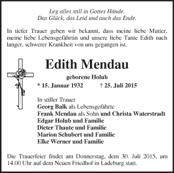 Traueranzeige von Edith Mendau von Märkische Oderzeitung