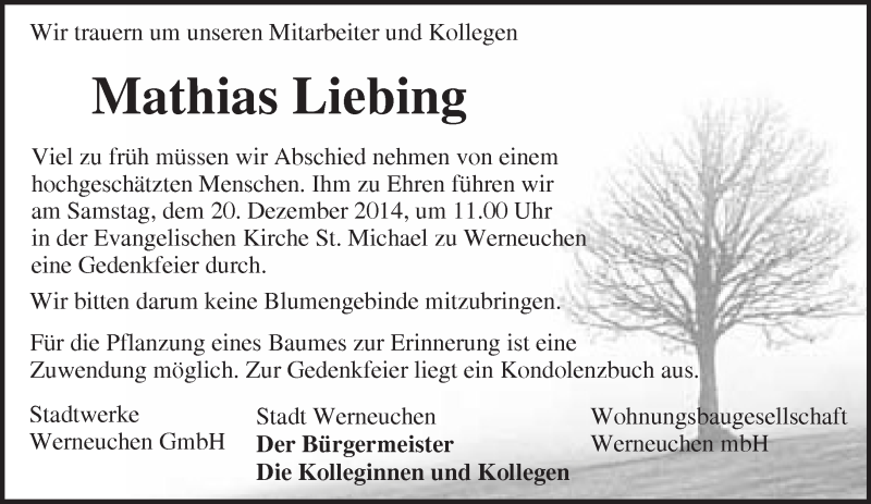  Traueranzeige für Mathias Liebing vom 17.12.2014 aus Märkische Oderzeitung