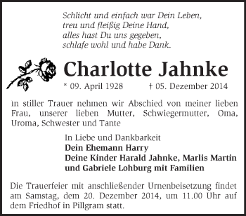 Traueranzeige von Charlotte Jahnke von Märkische Oderzeitung