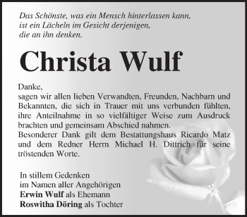 Traueranzeige von Christa Wulf von Märkische Oderzeitung