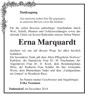 Traueranzeige von Erna Marquardt von Märkische Oderzeitung