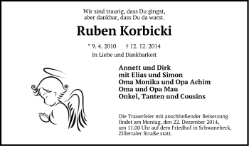 Traueranzeige von Ruben Korbicki von Märkische Oderzeitung