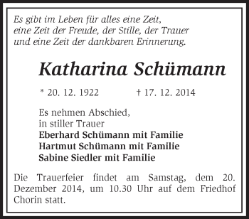 Traueranzeige von Katharina Schümann von Märkische Oderzeitung