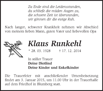 Traueranzeige von Klaus Runkehl von Märkische Oderzeitung