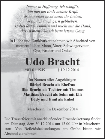 Traueranzeige von Udo Bracht von Märkische Oderzeitung