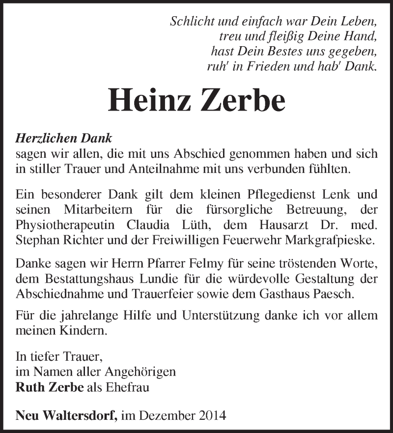  Traueranzeige für Heinz Zerbe vom 27.12.2014 aus Märkische Oderzeitung