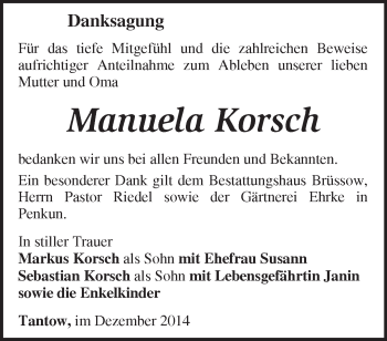 Traueranzeige von Manuela Korsch von Märkische Oderzeitung