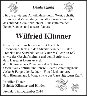 Traueranzeige von Wilfried Klünner von Märkische Oderzeitung