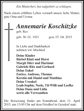 Traueranzeige von Annemarie Koschitzke von Märkische Oderzeitung