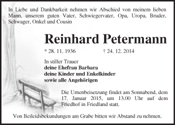 Traueranzeige von Reinhard Petermann von Märkische Oderzeitung