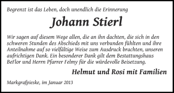 Traueranzeige von Johann Stierl von Märkische Oderzeitung