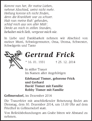 Traueranzeige von Gertrud Frick von Märkische Oderzeitung