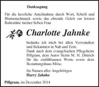 Traueranzeige von Charlotte Jahnke von Märkische Oderzeitung