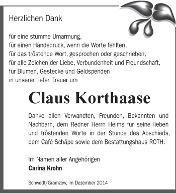 Traueranzeige von Claus Korthaase von Märkische Oderzeitung