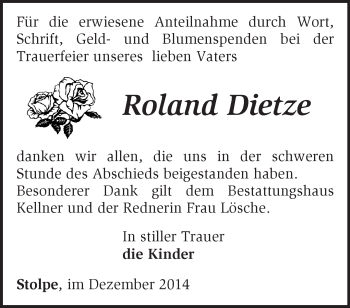 Traueranzeige von Roland Dietze von Märkische Oderzeitung