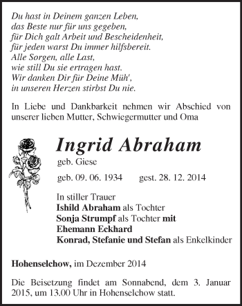 Traueranzeige von Ingrid Abraham von Märkische Oderzeitung