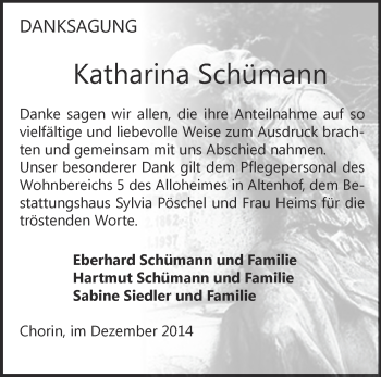 Traueranzeige von  Katharina  Schümann von Märkische Oderzeitung