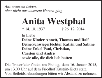 Traueranzeige von Anita Westphal von Märkische Oderzeitung