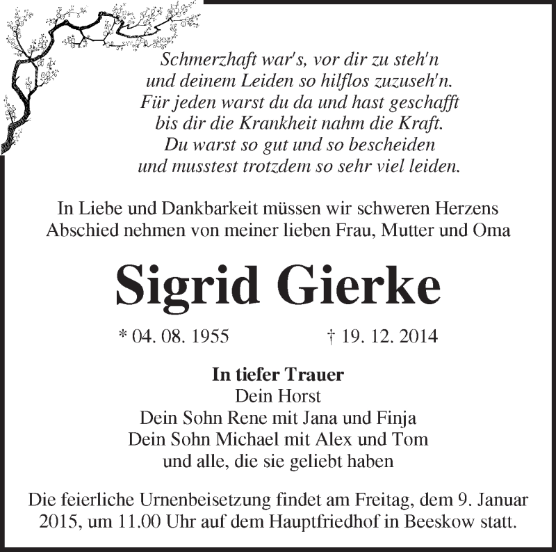  Traueranzeige für Sigrid Gierke vom 03.01.2015 aus Märkische Oderzeitung