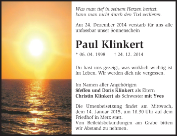 Traueranzeige von Paul  Klinkert von Märkische Oderzeitung