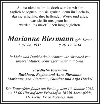 Traueranzeige von Marianne Biermann von Märkische Oderzeitung