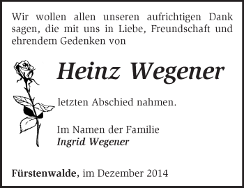 Traueranzeige von Heinz Wegener von Märkische Oderzeitung