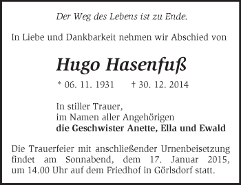 Traueranzeige von Hugo Hasenfuß von Märkische Oderzeitung