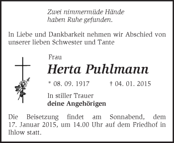 Traueranzeige von Herta Puhlmann von Märkische Oderzeitung