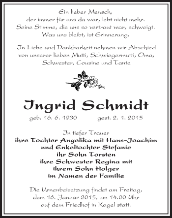 Traueranzeige von Ingrid Schmidt von Märkische Oderzeitung