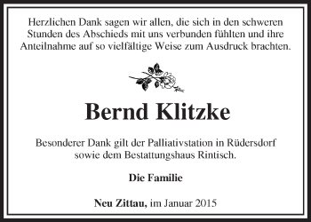 Traueranzeige von Bernd Klitzke von Märkische Oderzeitung