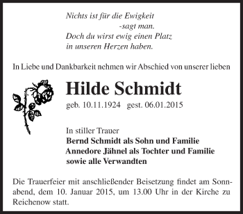 Traueranzeige von Hilde Schmidt von Märkische Oderzeitung