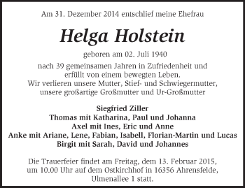 Traueranzeige von Helga Holstein von Märkische Oderzeitung