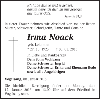 Traueranzeige von Irma Noack von Märkische Oderzeitung