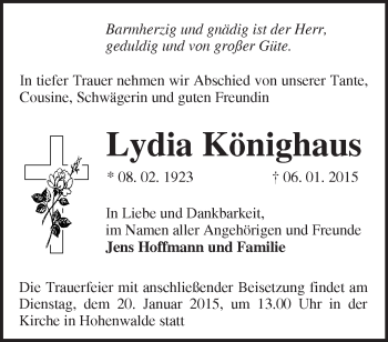 Traueranzeige von Lydia Könighaus von Märkische Oderzeitung