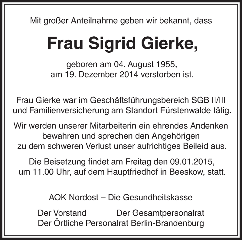  Traueranzeige für Sigrid Gierke vom 13.01.2015 aus Märkische Oderzeitung